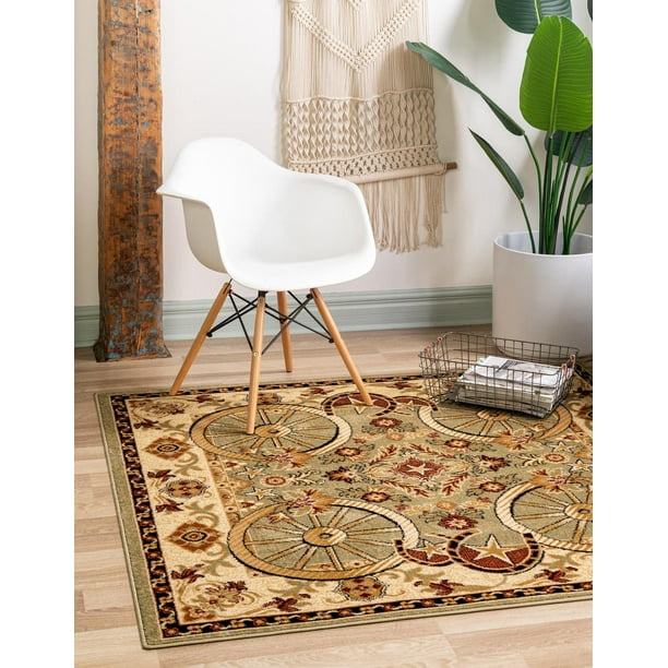 Unique Loom Missoula Pioneer Rug ,Square,5' 3" x 5' 3" Green Cabin