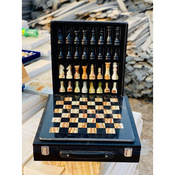 12-Inch Marble Chess Set with Hand-Carved Pieces – Includes Black Faux Leather Storage Gift Box BLACK MULTIGREEN