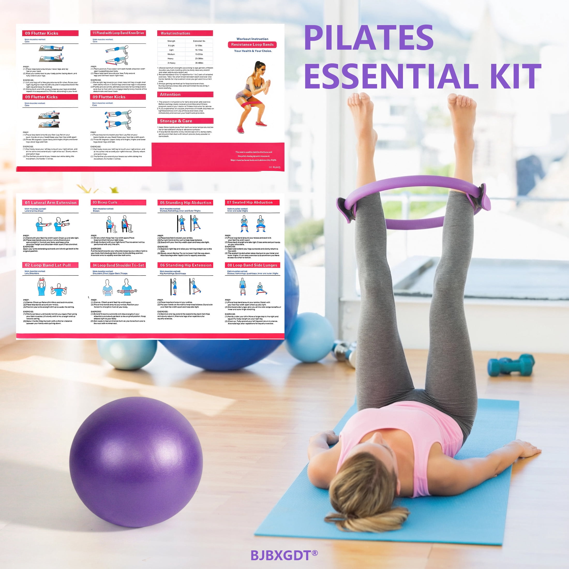 Pilates Ring Circle Set 18 Pcs Exercise Equipment Accessories for Women, Workouts Pilates Ball Stretching Strap for Women's Home Workouts & Beginners