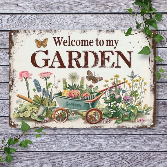 HELLOYOUNG Vintage Garden Metal Sign Welcome to My Garden Rustic Wall Decor 8x12 Inch Colorful Flowers