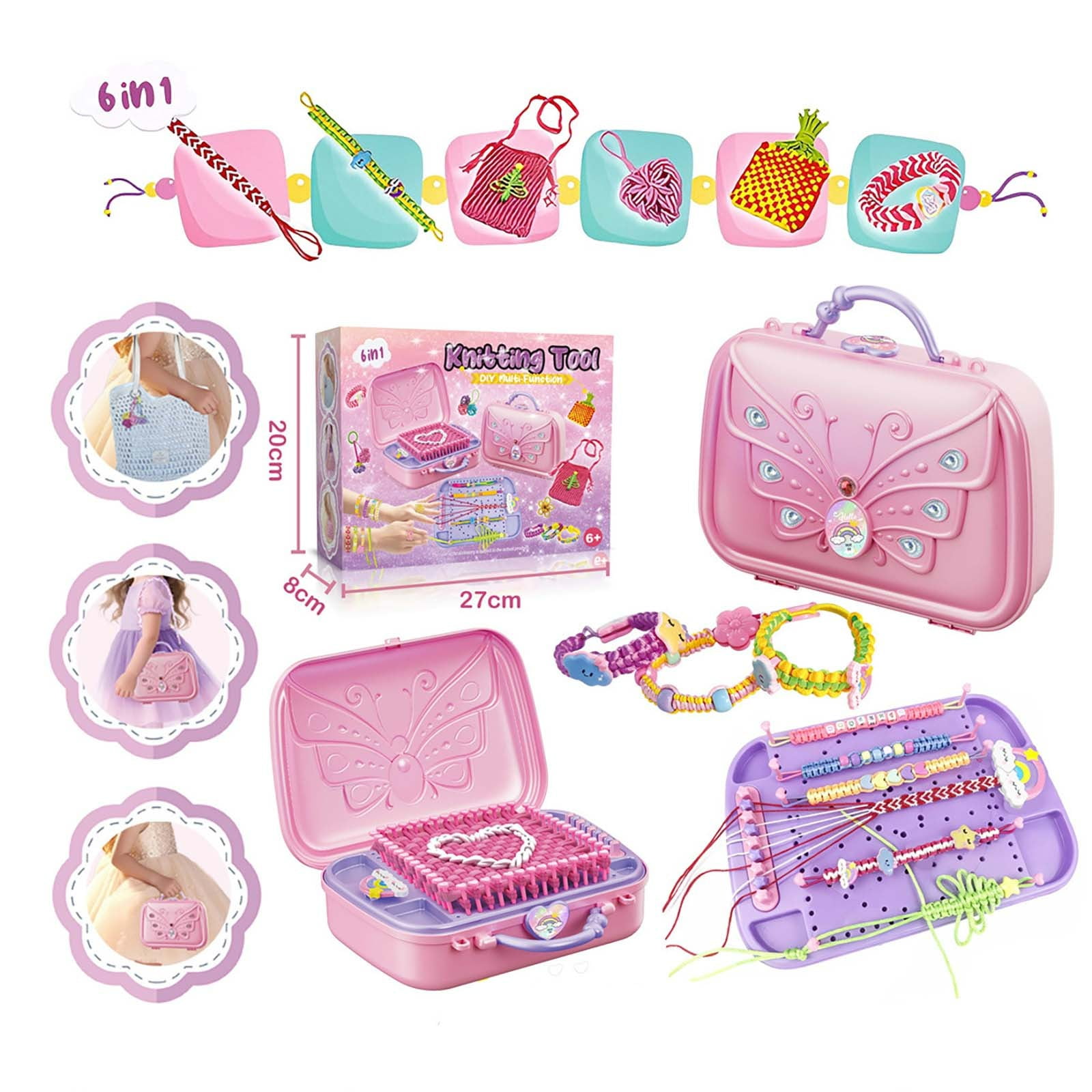 6-in-1 DIY Bracelet Making Kit Friendship Bracelet Craft Set with Portable Storage Case Weaving Kit for Creative Handmade Jewelry Pink