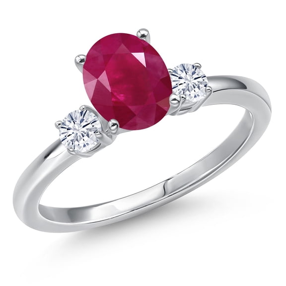 Gem Stone King 14K White Gold Red Ruby and White Moissanite Engagement Ring for Women | 1.80 Cttw | Oval 8X6MM | Gemstone July Birthstone | Size 6