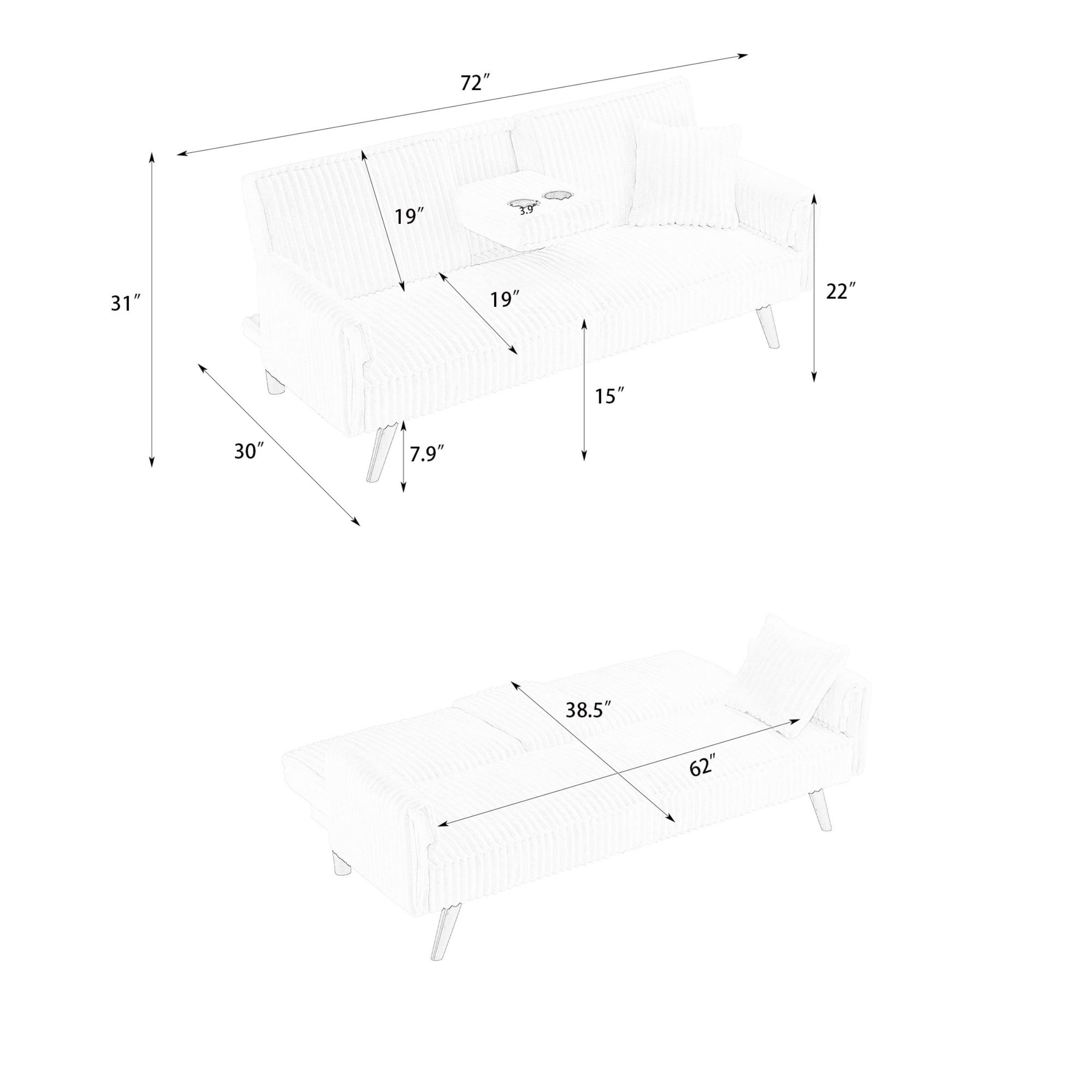 Jopath Modern Corduroy Futon Sofa Bed,Convertible Loveseat Sleeper Sofa Couch with Adjustable Backrest & Cup Holder for Living Room,White