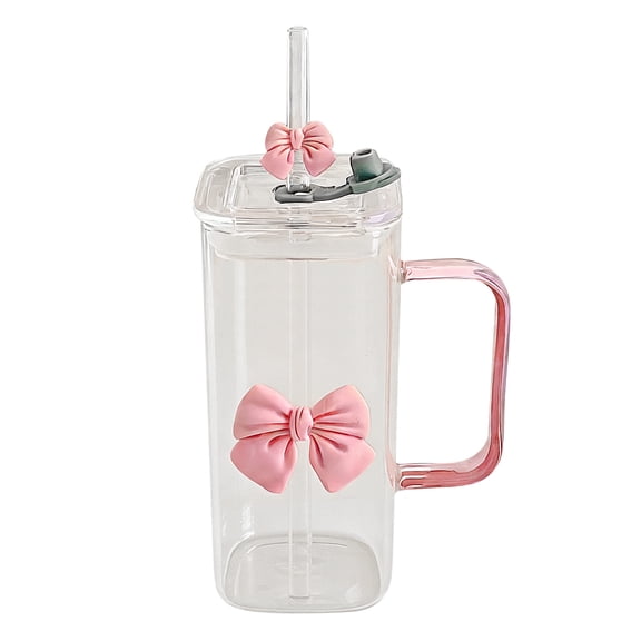 13 Oz Square Glass Cups with Lids and Straws，Heat Resistant Glass Tumbler with Handle Bow Knot Transparent Drinking Glasses for Water,Juice,Iced Coffee,Milk,Tea