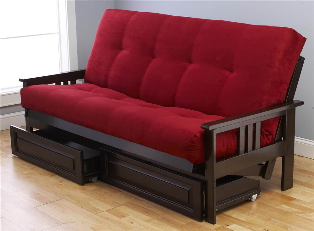 Monterey Futon in Espresso Finish with Suede Red Mattress