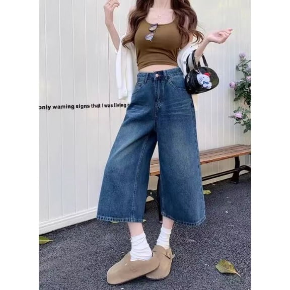 Women's High Waisted Wide Leg Jeans, Asian Size Vintage Washed Baggy Cropped Denim Pants, Casual Loose Fit Straight Leg Trousers with Pockets