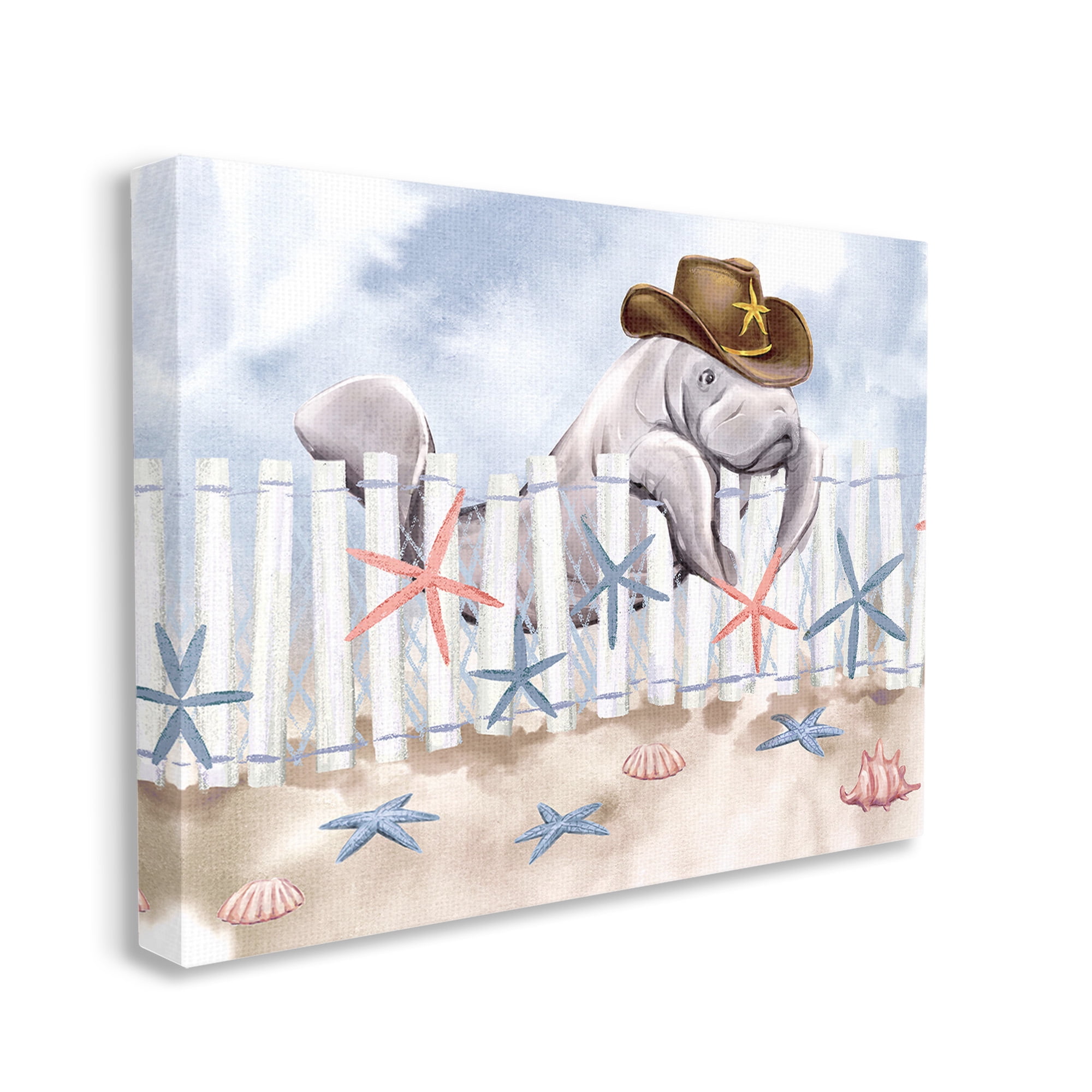 Stupell Industries Manatee in Cowboy Hat Animals & Insects Painting Gallery Wrapped Canvas Art Print Wall Art, 20 x 16