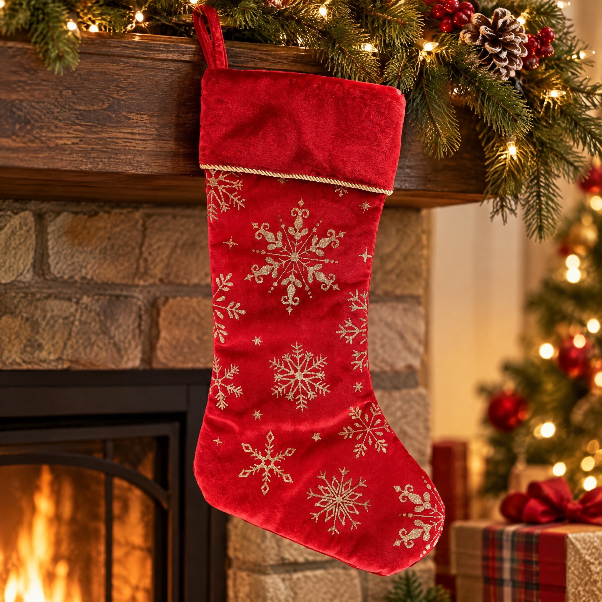 Velvet Snowflake Christmas Stocking, Burgundy, 18", by Holiday Time