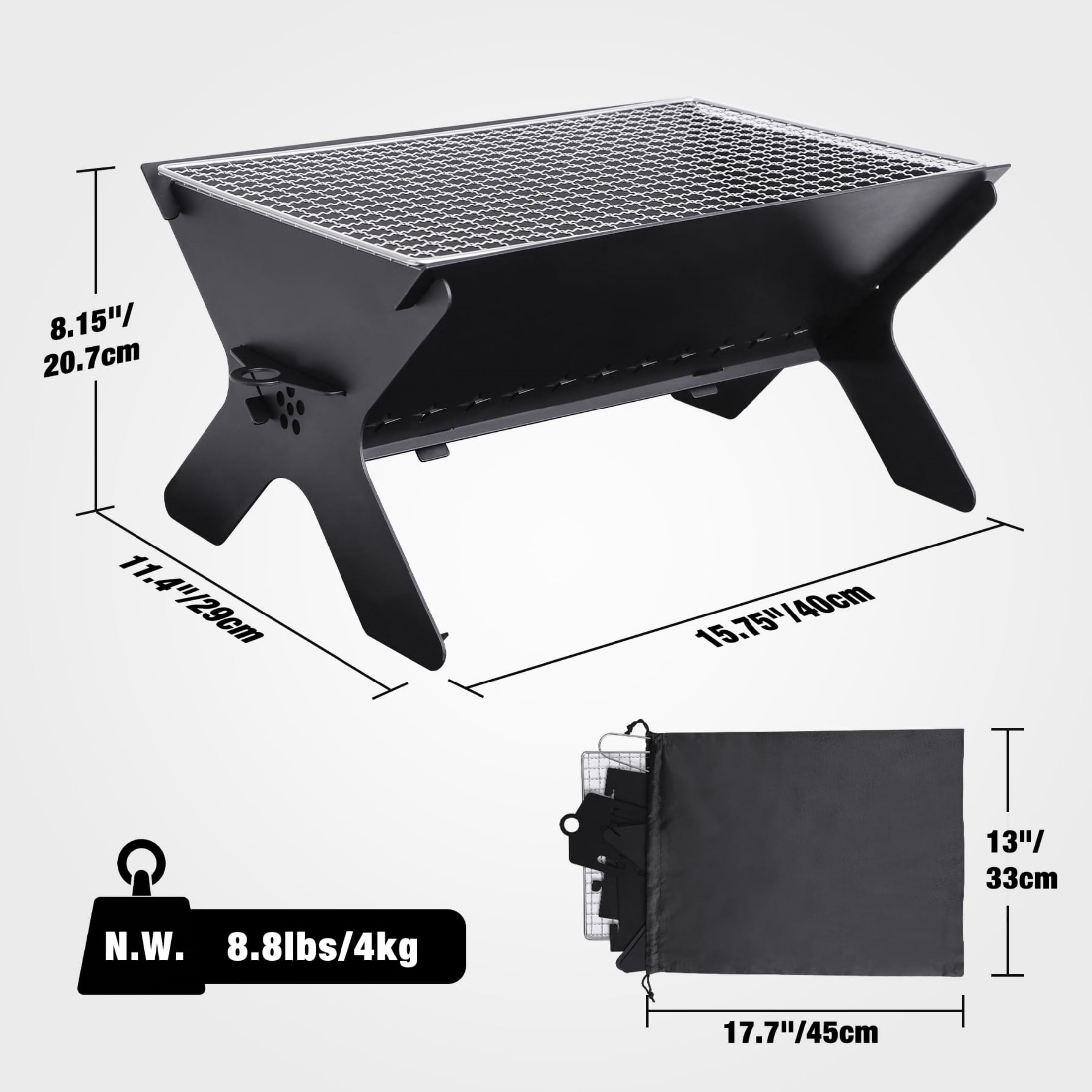 REDCAMP Portable Charcoal Grill, Large Folding Stainless Steel Fire Pit Grill with Carry Bag, Heavy Duty Campfire Grill for Outdoor Camping BBQ Cooking, Black
