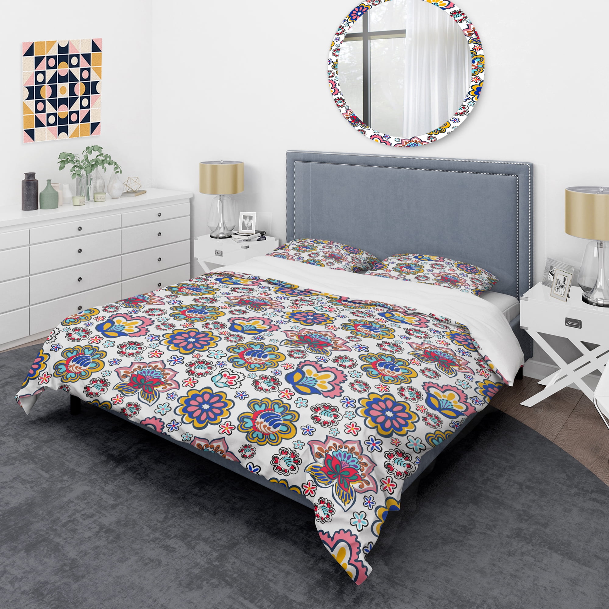 Designart 'Retro handdrawn flowers II' Mid-Century Modern Duvet Cover Set