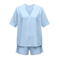 thumbnail image 4 of FINALGANG Womens Solid Color Two Piece Outfit V Neck Notch Collar Short Sleeve Top Elastic Waist Shorts Casual Matching Set For Summer Daily Wear Stylish Set, 4 of 4