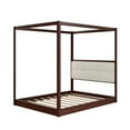 Pine Wood Queen Size Canopy Bed with Upholstery Headboard, Espresso