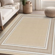 Beverly Rug Indoor Bordered Area Rugs, Non Slip Rubber Backing Modern Living Room Area Rug, Beige, 5x7