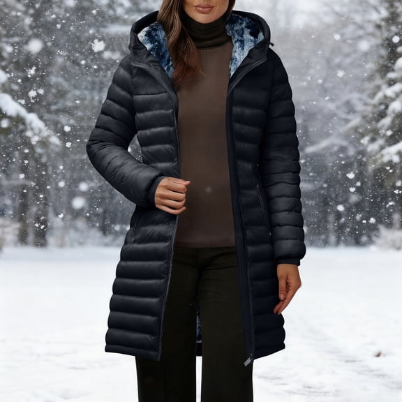 BLTIBY Womens Long Puffer Jacket with Hood Thicken Fleece Lined Winter Coat Warm Zip Up Quilted Parkas with Zip Pockets Black S