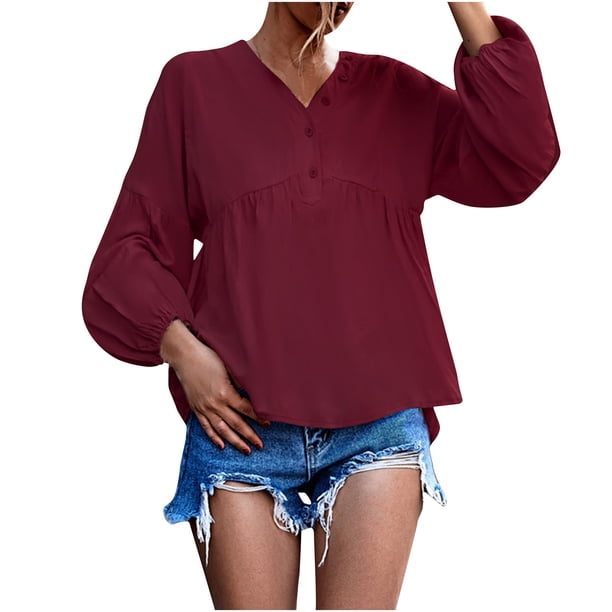 Moda mujer verano manga larga cuello pico pulóver sólido Casual blusa Tops Fridja czfsfas4635