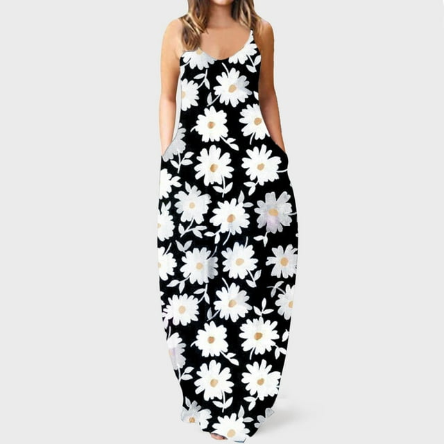 Lenago Robes pour Femmes Grande Taille Mode pour Femmes à Bretelles Taille Mi-Haute Col en V Sans Manches à Rayures Imprimé Floral Coupe Ajustée Robe Longue de Plage Robes d'Été de Plage en Liquidation
