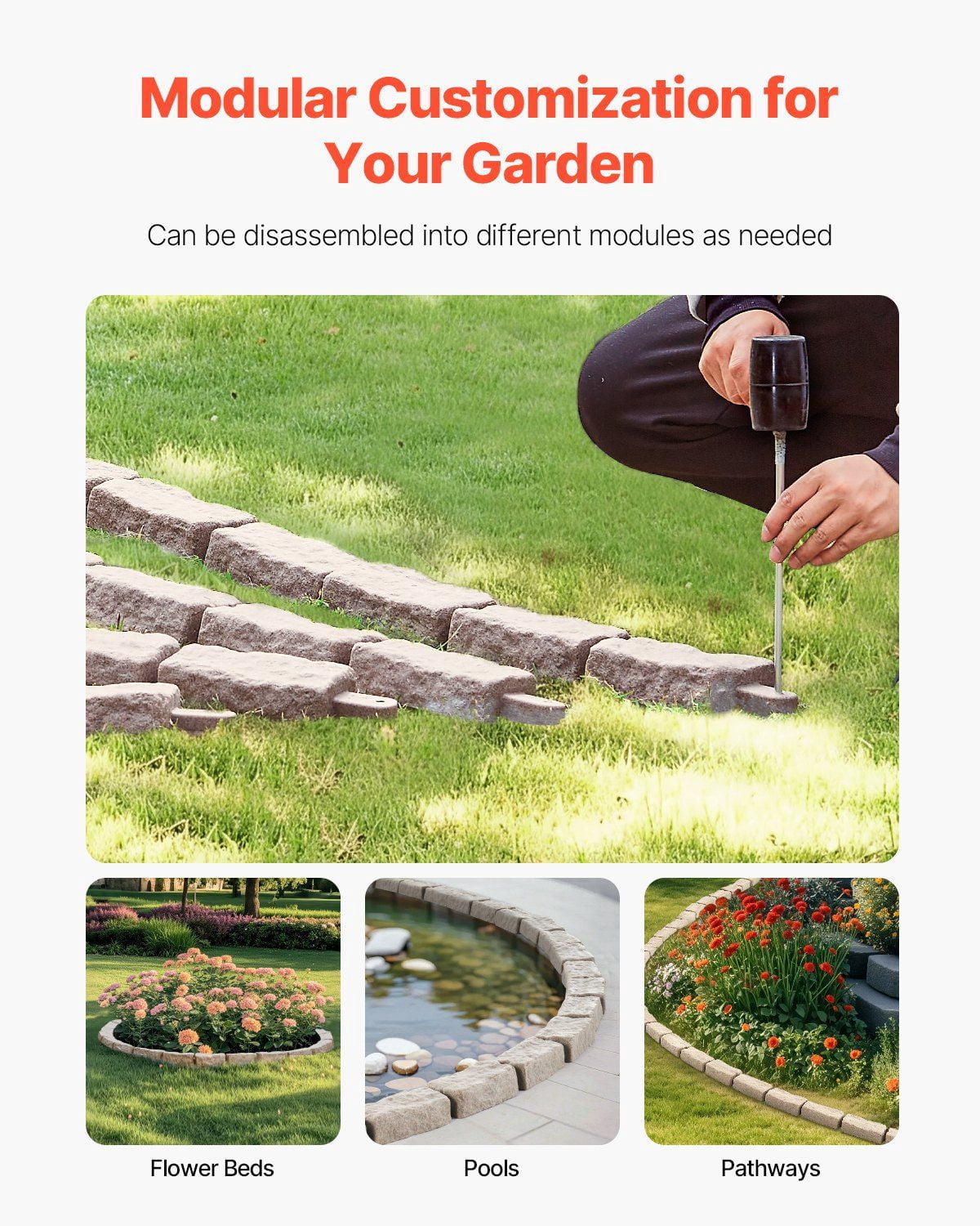 Realistic Faux Stone Landscape Edging 46.4 x 2.2 Inch Flexible Lawn Garden Border with Anchoring Spikes Fade Resistant for Driveways Walkways Beige