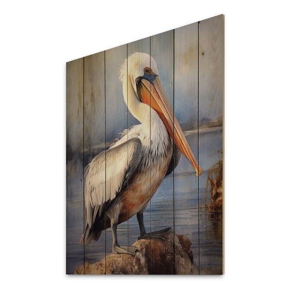 Designart "Majestic Pelican III" Animals Print on Natural Pine Wood