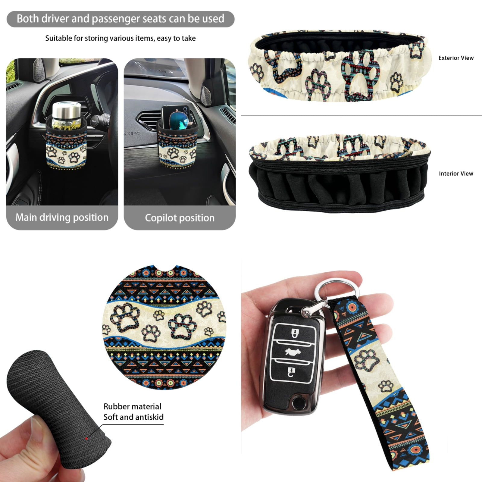 Yuyamidu 15 Piece Dog Paw Car Seat Covers Full Set Western Aztec Steering Wheel Cover Safe Belt Pads Trash Bin Rearview Mirror Cover Coasters Keychain Car Vent Organizer Car Decoration, 15 PCS