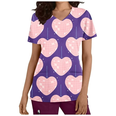 

CYMMPU Women s V-Neck Pocketed Scrub_Tops Nurse Workwear Uniform Clearance Going out Tops Summer Tees Short Sleeve Shirts Trendy Valentine s Day Tunic Love Heart Printing Fashion Tshirts Purple M