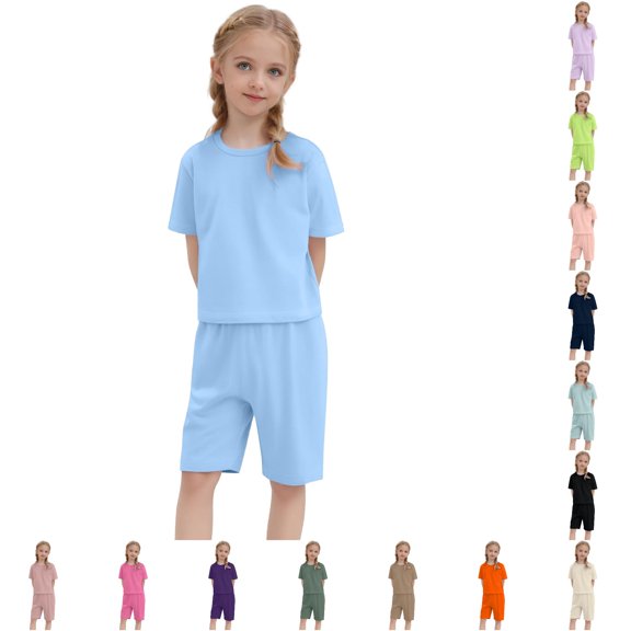 Toddler Kids Baby Boy Girl Solid Pullover Short Sleeve Sweatshirt T Shirt Crewneck Tops Shorts Set Clothes Girl Comfy Outfit Sets