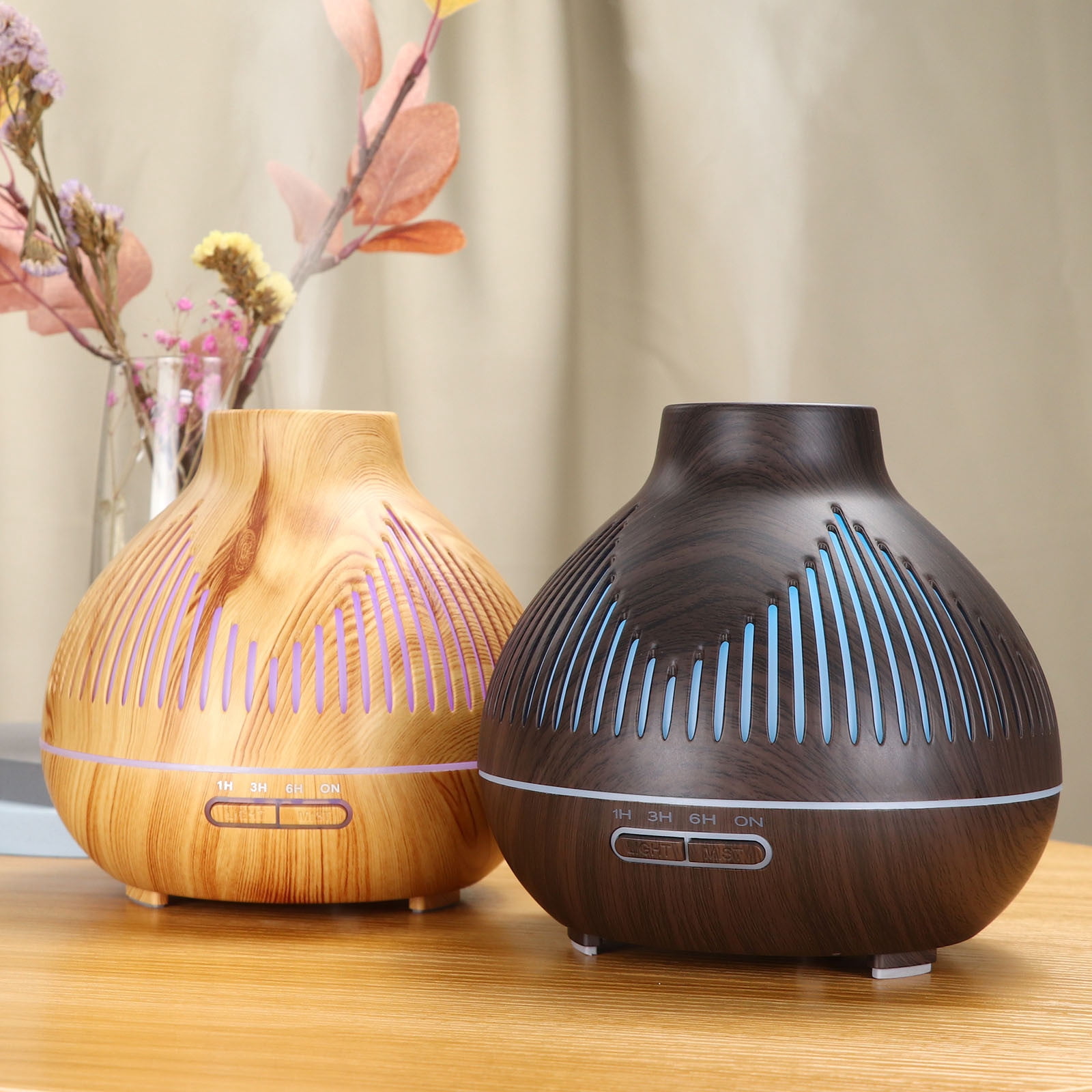 FFENYAN 400ML Wood Grain Essential Oil Diffuser with Remote Control Sharp Mouth Mist Humidifier Hollow Aroma Diffuser Remote Humidifier