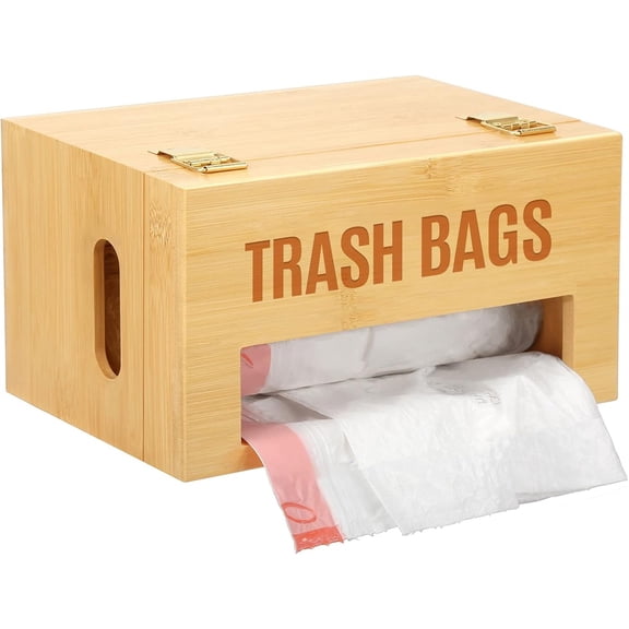 Bamboo Garbage Bag Holder, Multi-Mount Space-Saving Trash Bag Organizer for Kitchen, Pantry, Holds 8-33 Gallon Rolls & 50  Grocery Bags, Under-Sink/Wall-Mounted/Cabinet Storage