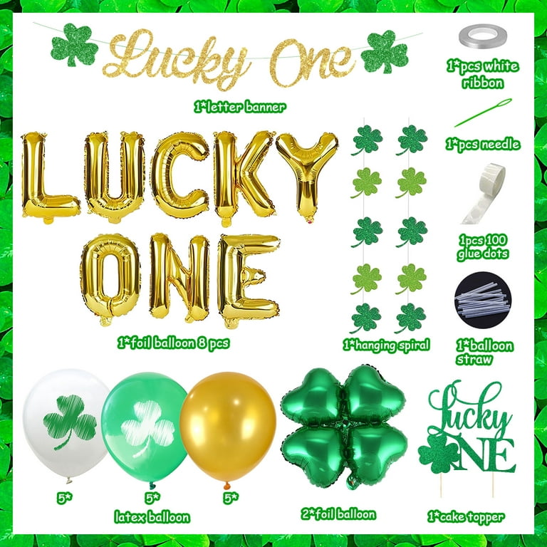 Lucky One Birthday Decorations, St. Patrick's Day 1st Birthday Party Decorations, Lucky One 1st Birthday Party Supplies for Girl, Lucky Four Leaf