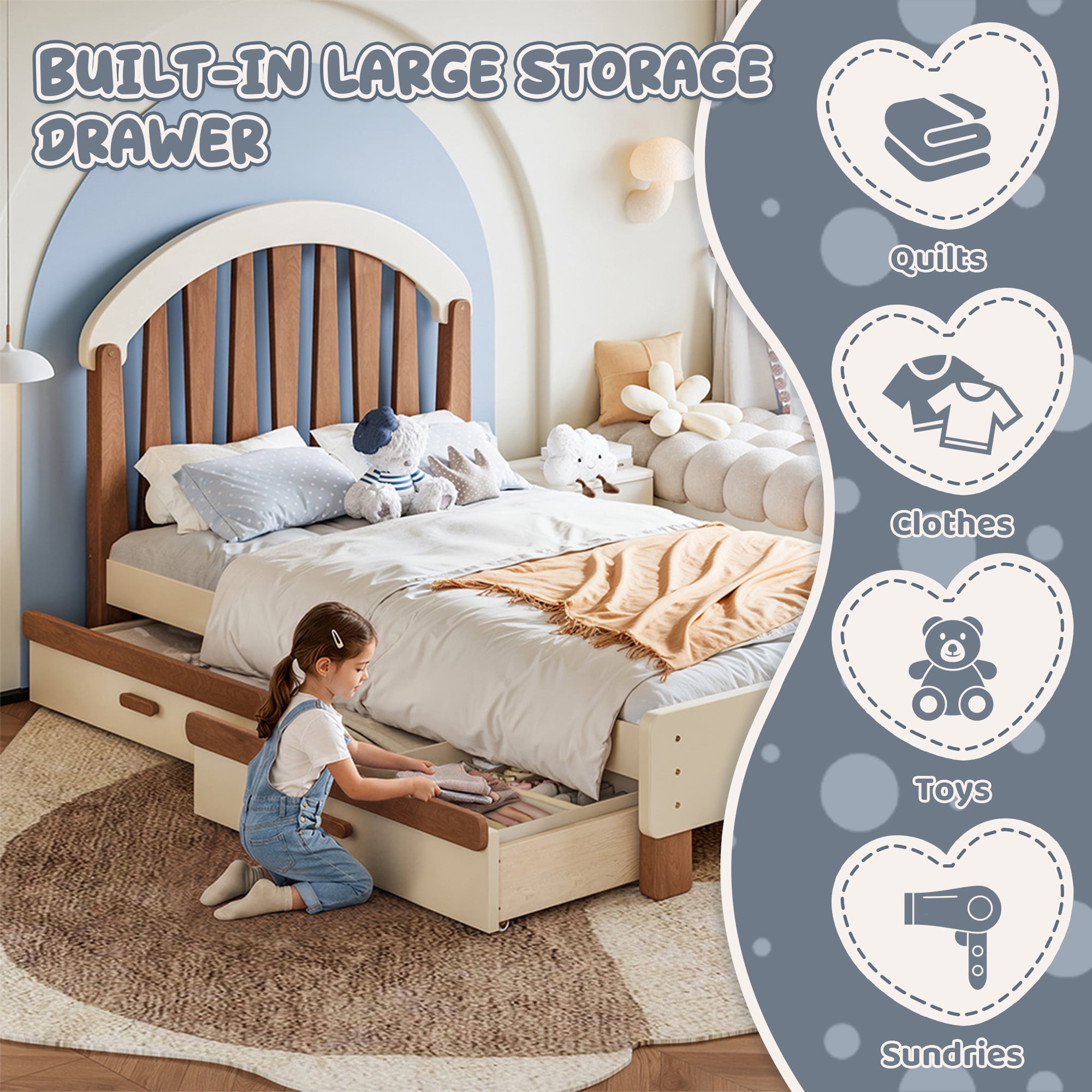 Leumius Twin Size Platformbed Frame with Storage Drawer, Wood Twin Bed Frame with Round Headboard for Bedroom Beige & Deep Natural