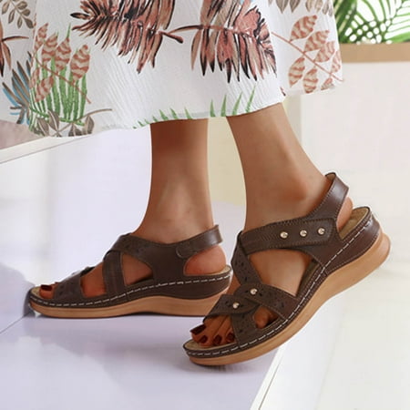 

Vintage Boho Sandals Beach Holiday Shoes Gnobogi Wedge Sandals for Women Women s Flat Shoes Ladies Beach Sandals Summer Non-Slip Causal Slippers Brown