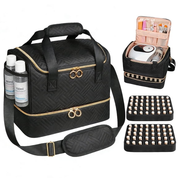 Konexial nail polish storage bag can hold 80 bottles (15ml/0.5fl.oz) and nail lights, soft velvet nail set suitcase with shoulder straps, double nail storage bag for ladies (black)