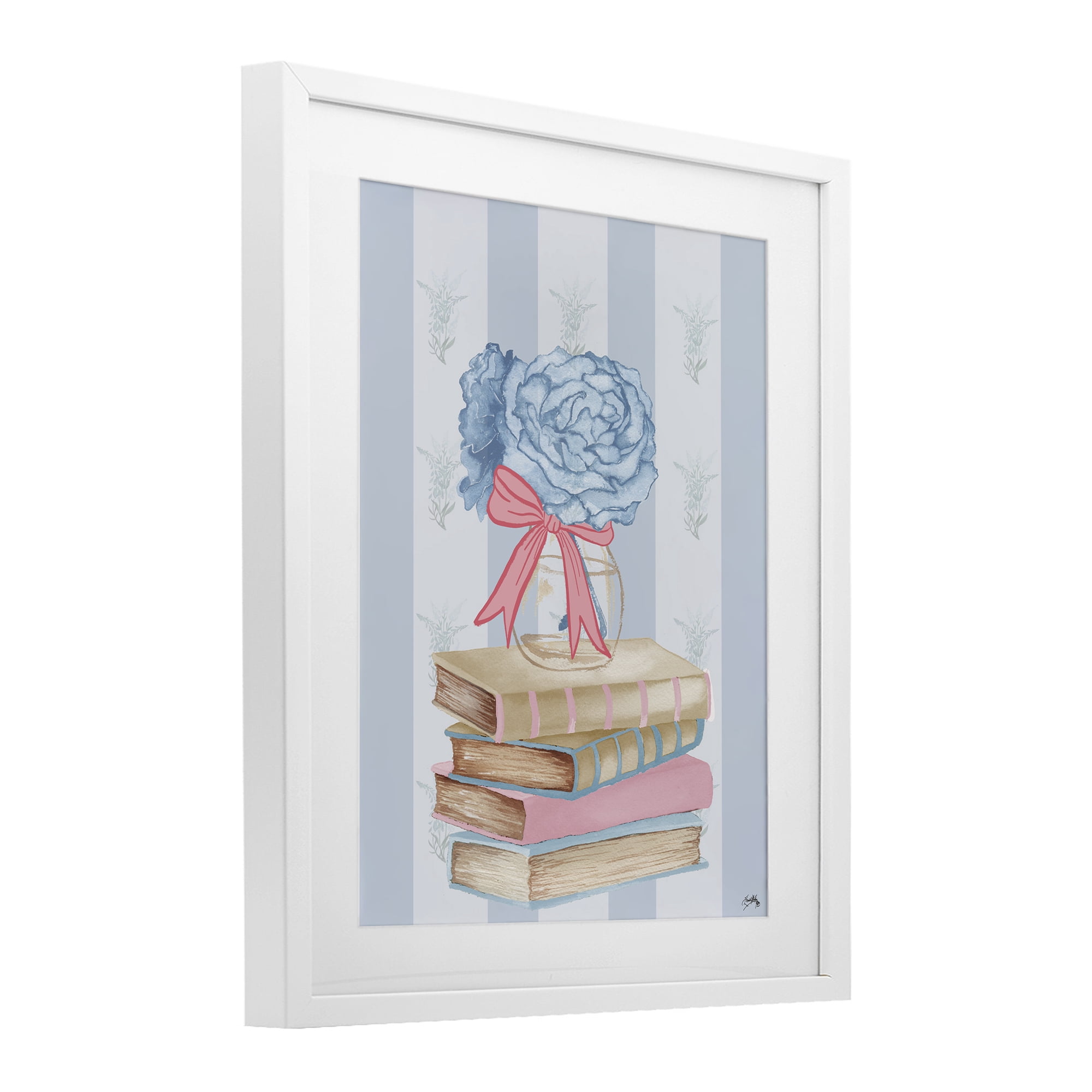 Stupell Industries Stacked Books & Blue Hydrangeas White Framed Print Under Glass, design by Elizabeth Medley