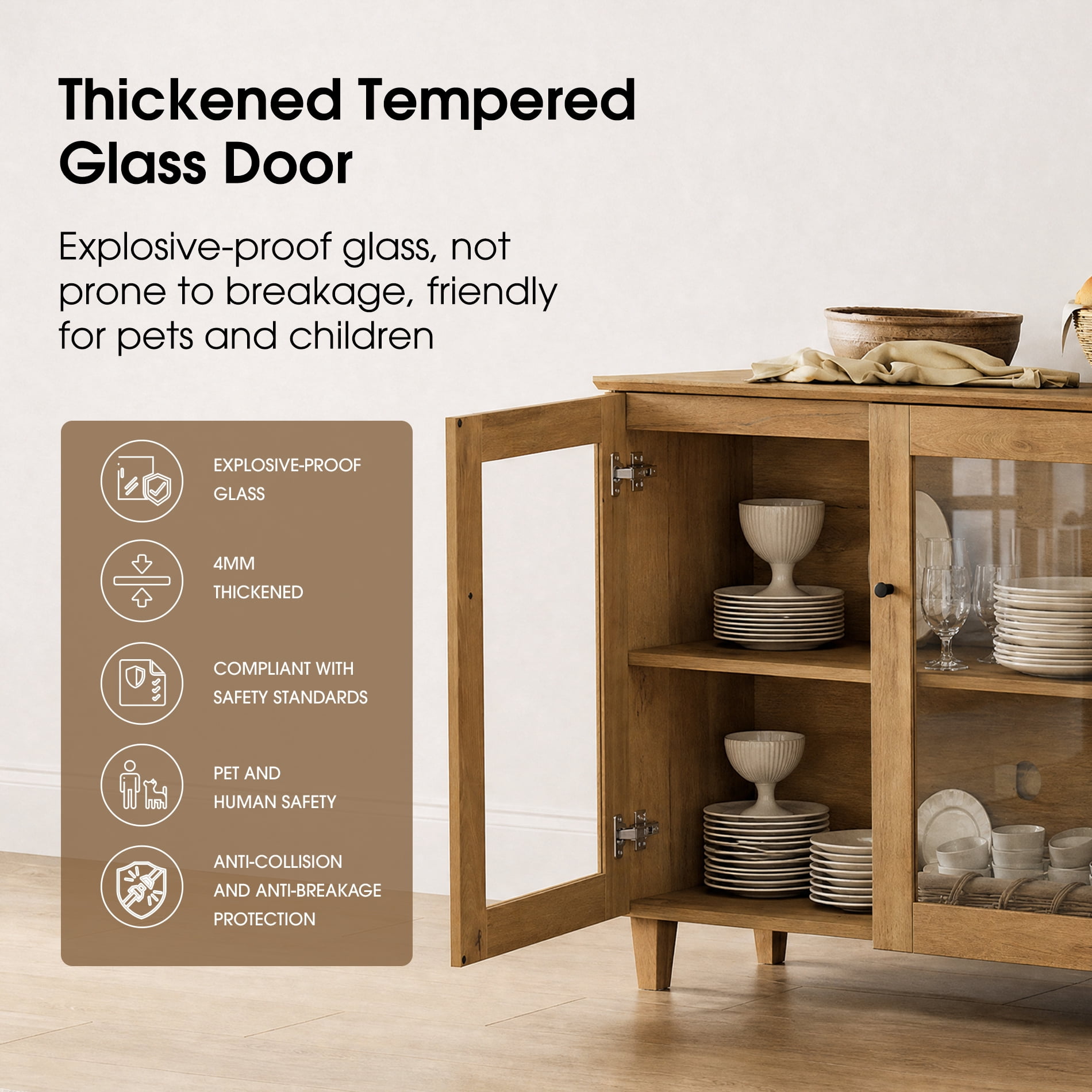 Modern Glass‑Door Combo Dresser, Bedroom Modular Organizer – 2 Wide Drawers, 1 Adjustable Shelf & 2 Fixed Shelves, Anti‑Tip, Oak Brown, 106" W
