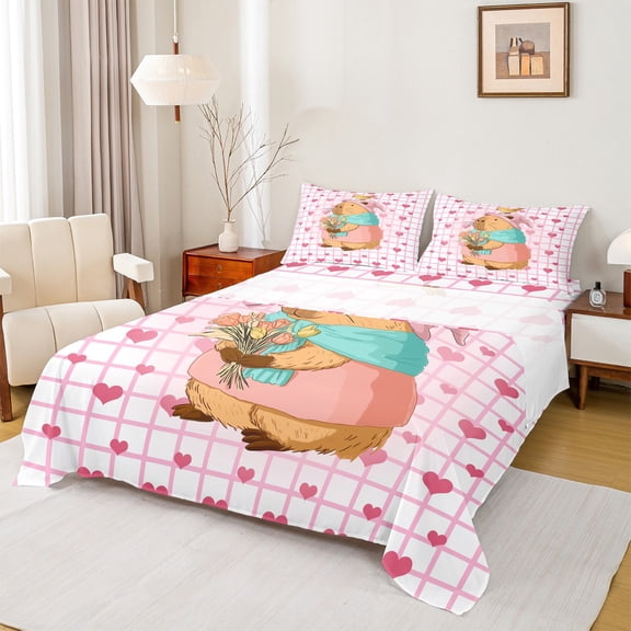 Castle Fairy Preppy Child Cartoon Capybara Twin Sheet Sets,Pink Love Heart Bedding