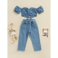 thumbnail image 4 of Arvbitana Toddler Baby Girl Denim Outfits Short Sleeve Off Shoulder Lacing Crop Tops + Ripped Jeans Summer Slim Fit Clothes 2Pcs 2-7T, 4 of 9