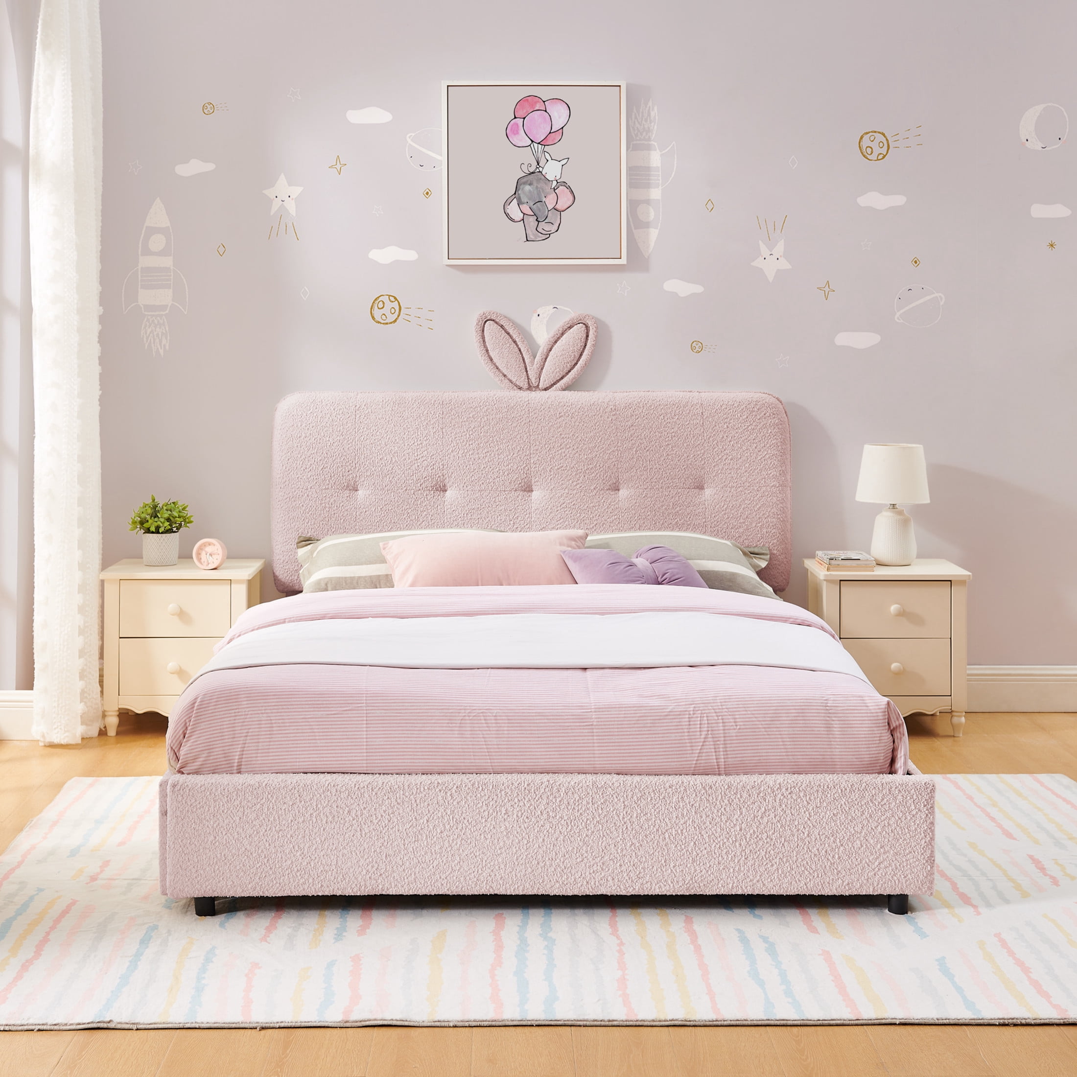Noble House Bertis Full Size Boucle Kids Bed, Rabbit Ear Headboard Bed Frame with LED Light and Storage Drawers, Pink