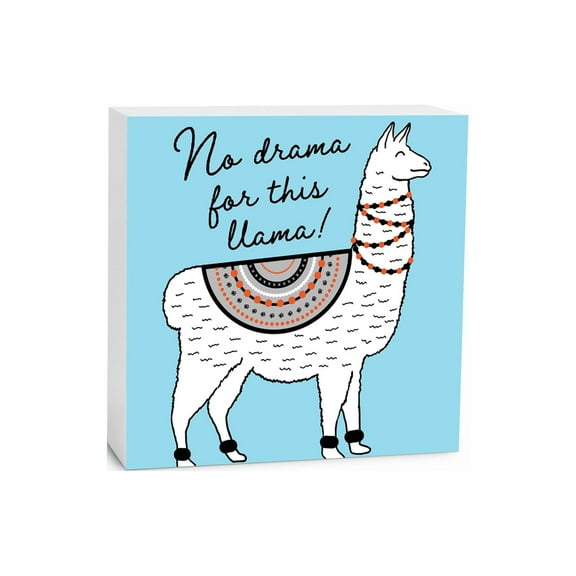 No Drama Llama Sky Blue Llama 5 x 5 Wood Tabletop Sign Plaque