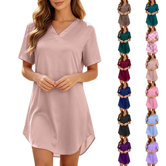 Summer Nightgowns for Women Silk Short Sleeve Nightshirt Silky T shirt Night Gown V Neck Sleepshirt Loose Sleepwear Black S