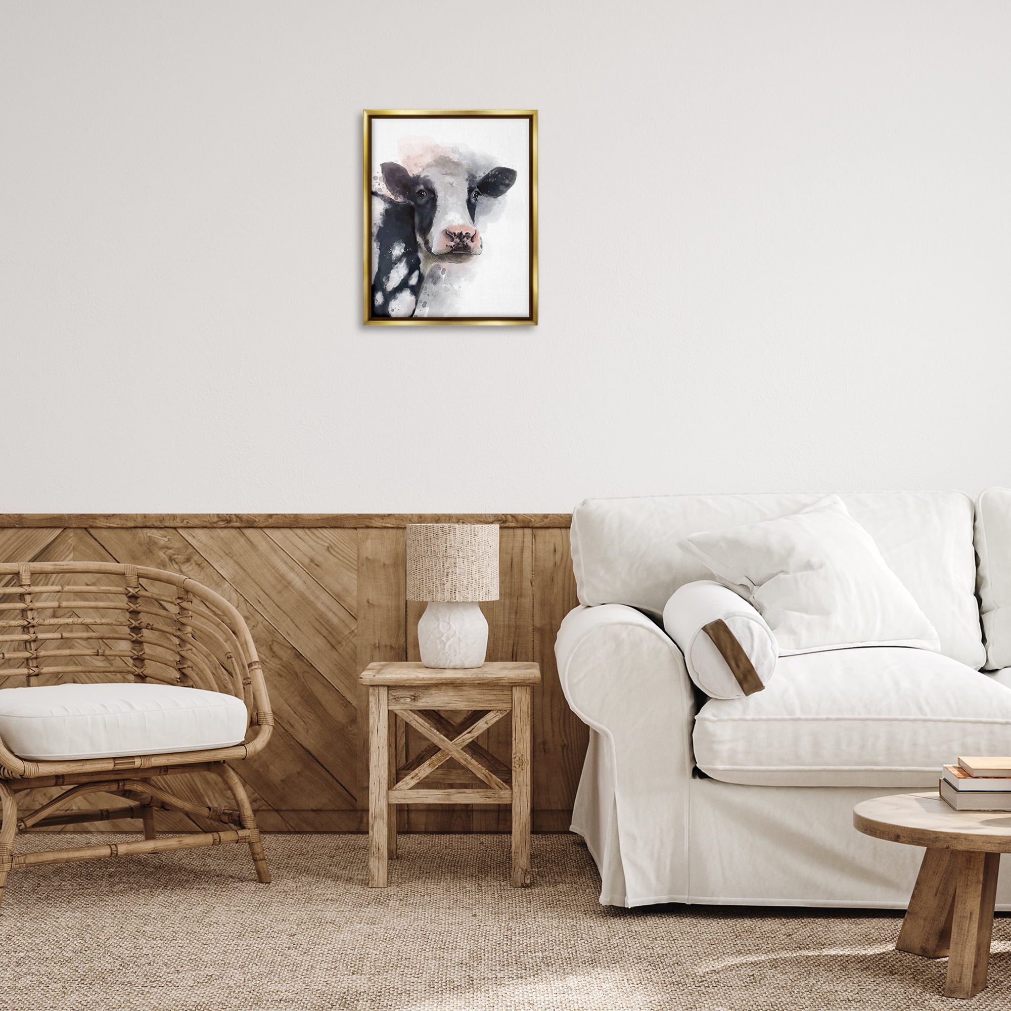 Stupell Industries Black & White Calf Animals Painting Gold Floater Framed Canvas Art Print Wall Art, 17 x 21