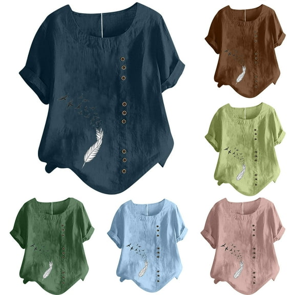 Fesfesfes Women Plus Size Activewear for Women's Short Sleeved Casual Plus Size Round Neck Feather Printed Loose Button Cotton Linen Top Womens T Shirts Short Sleeve S(US:4)