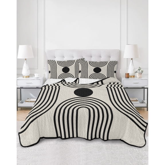 Twin Quilt Bedding Set Nordic Abstract Black Stripe Circle Summer Quilt Lightweight Quilted Coverlet with 2 Pillow Shams, Boho Arch on Beige 3-Piece Bedspread Quilt Set for All Season