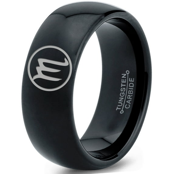 Tungsten Horoscope Scorpio Band Ring 8mm Men Women Comfort Fit Black Dome Polished