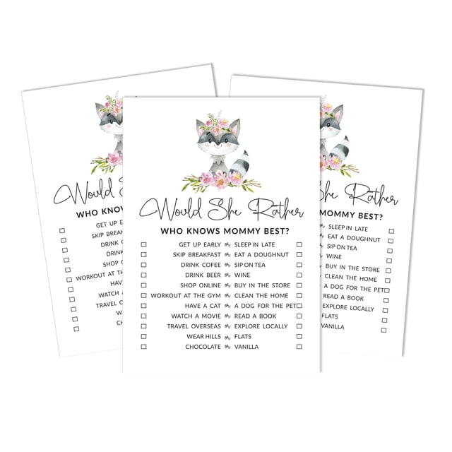 Inkdotpot Gender Neutral Who Knows Mommy BestBaby Shower GameCards-FunActivity Cards Set Of 50Floral Raccoon Party Theme