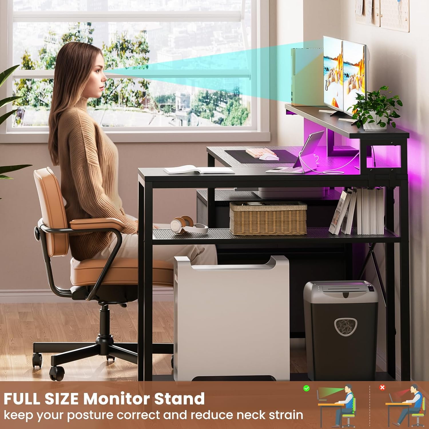 Homieasy L Shaped Desk with Drawer, Reversible L Shaped Gaming Desk with Power Outlet & LED Strip, Home Office Desk with Monitor Shelf, Corner Desk with Storage Shelves,Black