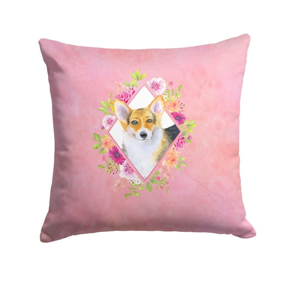 Carolines Treasures CK4167PW1414 Corgi Pink Flowers Fabric Decorative Pillow  14Hx14W multicolor