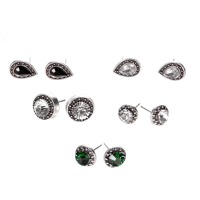 5 Pairs/Set Stud Earrings Cubic Zirconia Water Drop Green Black Gemstone Jewelry