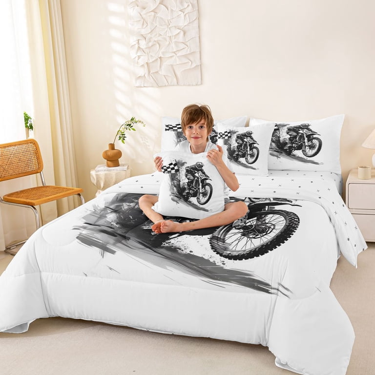 Manfei Speed Motorcycle 7-Piece Twin Bedding,Checkerboard Print