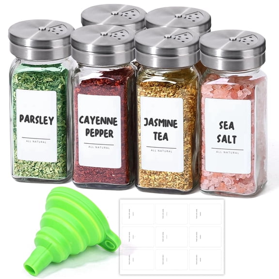 Dihmpor 6-Pack 4oz Glass Spice Jars with Adjustable Shaker Lids, Square Empty Seasoning Containers with 9 DIY Labels, Space Saving Kitchen Organizer Set