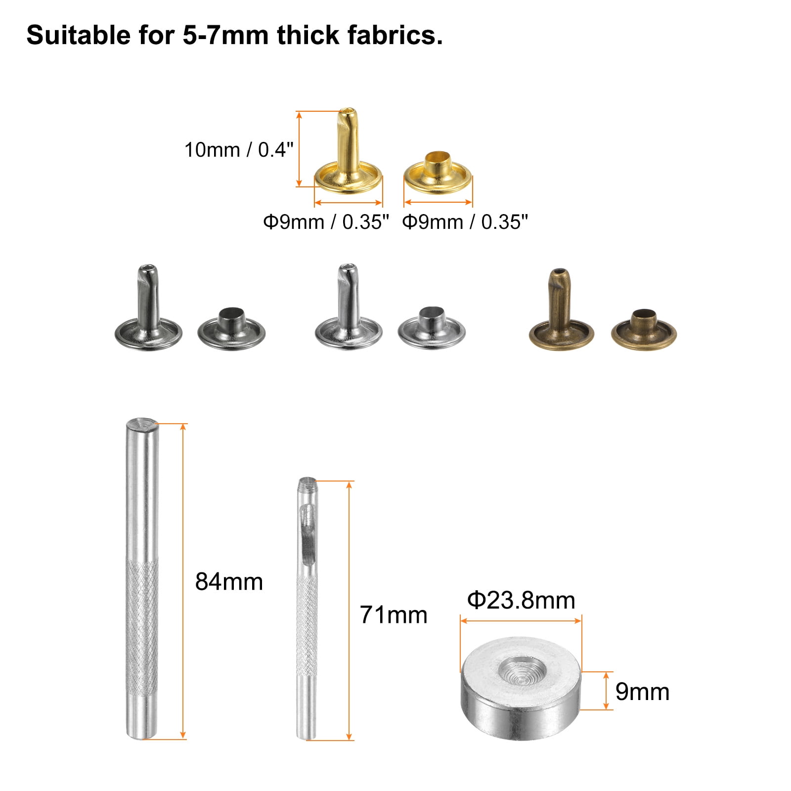 400 Sets Leather Rivets 10 x 9mm Metal with 3 Setter Tools, 4 Colors