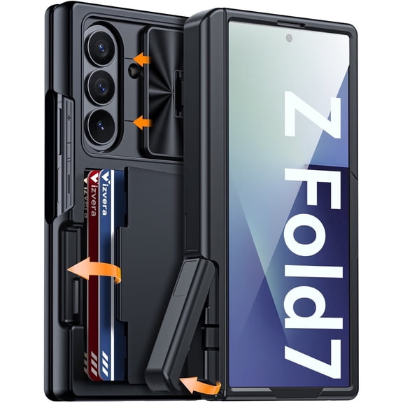 Vizvera for Samsung Galaxy Z Fold 7 Case RFID Wallet with Cards Holder[Kickstand][Camera Cover] Shockproof Silicone Protective Phone Case for Z Fold 7 2025-Black